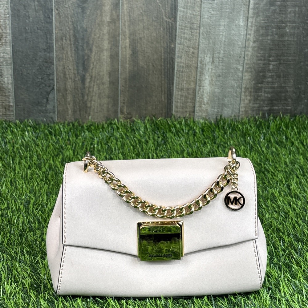 Michael Kors Pale Pink Leather Chain Clutch Coquette Gold Hardware